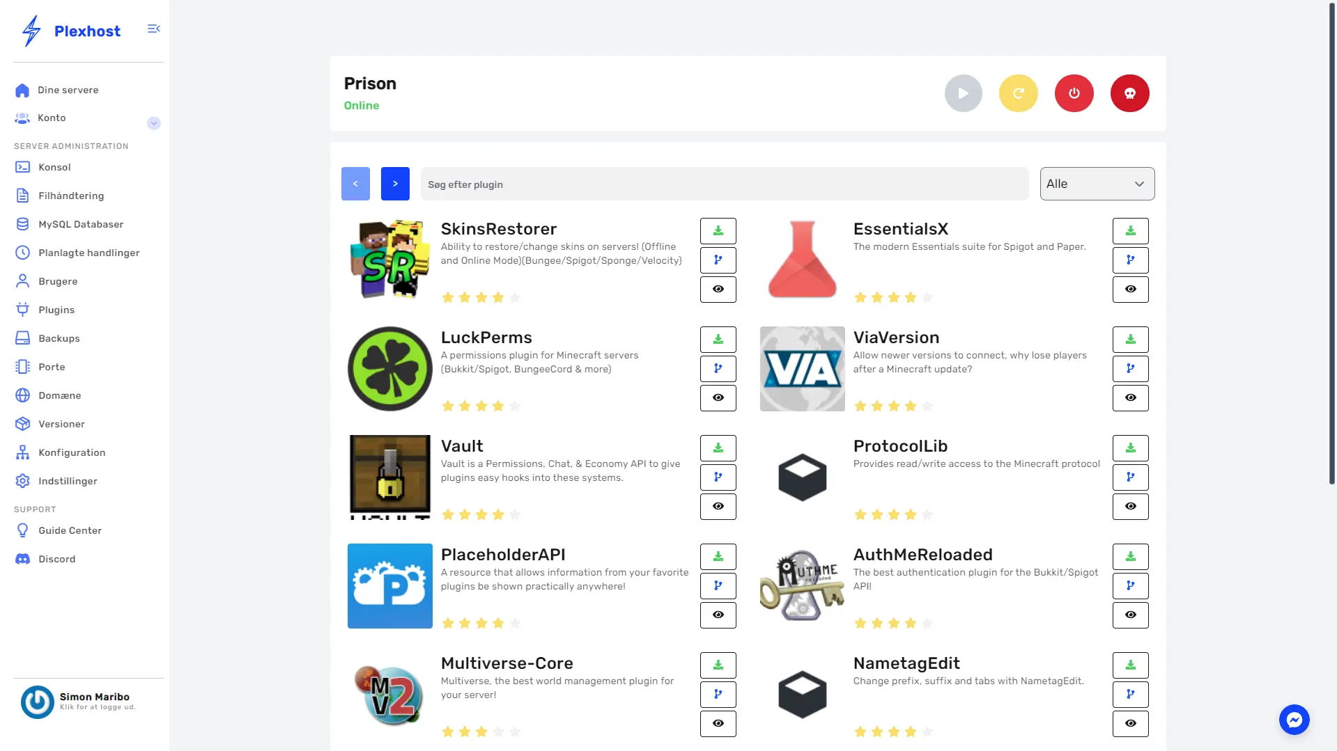 Game panel: Plugins